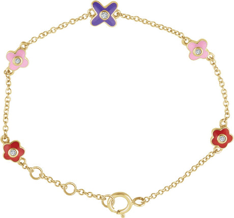 10K Gold Round Natural Diamond Youth Adjustable Flower Bracelet
