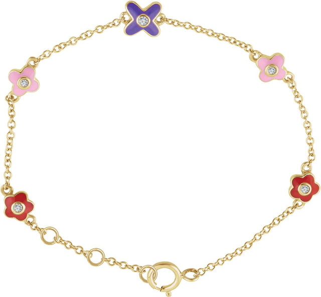 10K Gold Round Natural Diamond Youth Adjustable Flower Bracelet