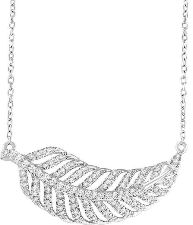 14K Gold Round Natural Diamond Leaf Necklace - White Gold