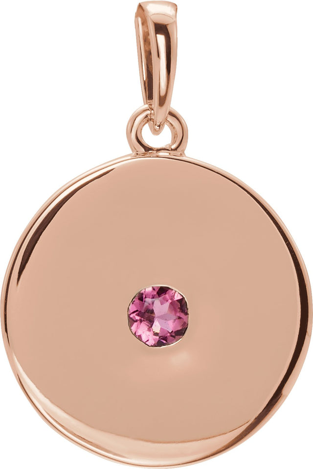 14K Gold Round Natural Pink Tourmaline Disc Necklace or Pendant - Rose Gold