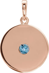14K Gold Round Natural Aquamarine Disc Necklace or Pendant - Rose Gold