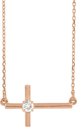 14K Gold Round Lab-Grown Diamond Sideways Cross Necklace – 1/10 CTW - Rose Gold