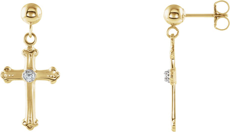 14K Gold Round Natural Diamond Cross & Ball Earrings – 1.7mm Stones - Two-Tone
