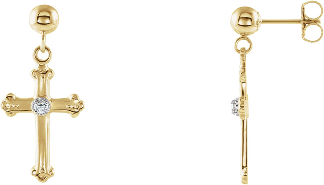 14K Gold Round Natural Diamond Cross & Ball Earrings – 1.7mm Stones - Two-Tone