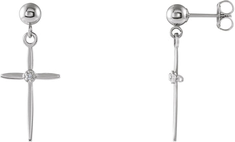 14K Gold Round Natural Diamond Cross & Ball Earrings - White Gold
