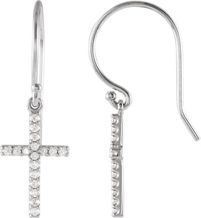 14K Gold Round Natural Diamond Petite Cross Earrings - White Gold