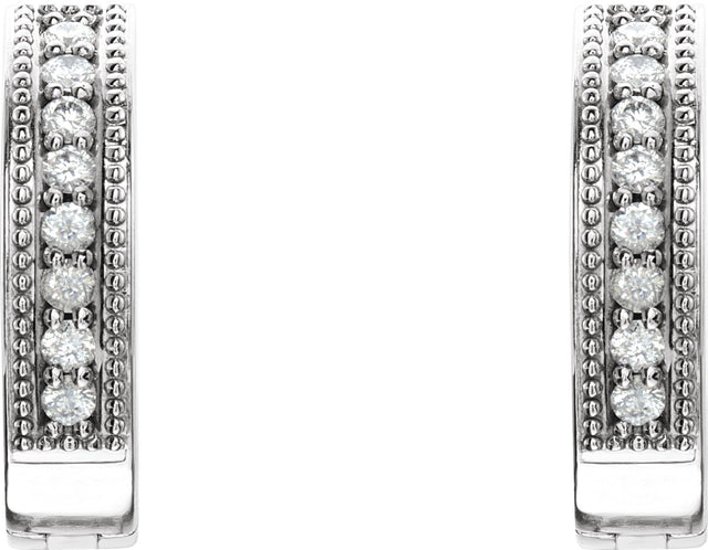 14K Gold Round Natural Diamond Accented Milgrain Hoop Earrings - White Gold - view 2