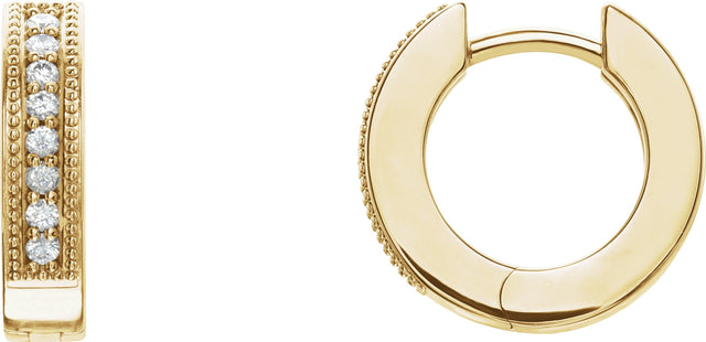 14K Gold Round Natural Diamond Accented Milgrain Hoop Earrings - Yellow Gold