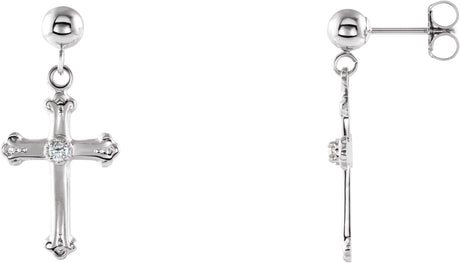 14K Gold Round Natural Diamond Cross & Ball Earrings – 1.7mm Stones - White Gold