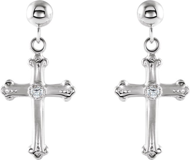 14K Gold Round Natural Diamond Cross & Ball Earrings – 1.7mm Stones - White Gold - view 2