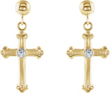 14K Gold Round Natural Diamond Cross & Ball Earrings – 1.7mm Stones - Two-Tone - view 2