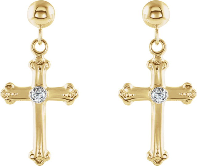 14K Gold Round Natural Diamond Cross & Ball Earrings – 1.7mm Stones - Two-Tone - view 2
