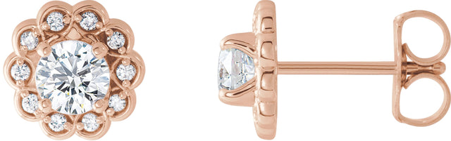 14K Gold Natural Diamond Round 4-Prong Halo-Style Earrings – 4.1mm Stones - Rose Gold