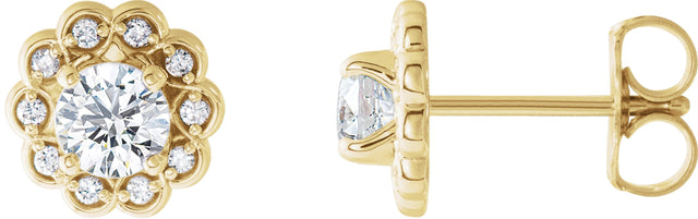 14K Gold Natural Diamond Round 4-Prong Halo-Style Earrings – 4.1mm Stones - Yellow Gold