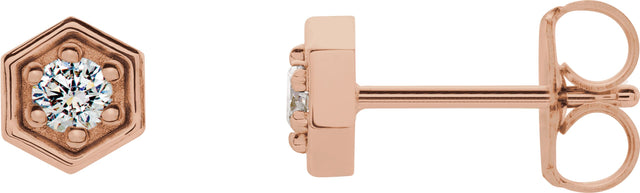 14K Gold Round Natural Diamond Hexagon Earrings - Rose Gold