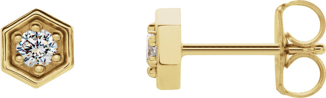 14K Gold Round Natural Diamond Hexagon Earrings - Yellow Gold