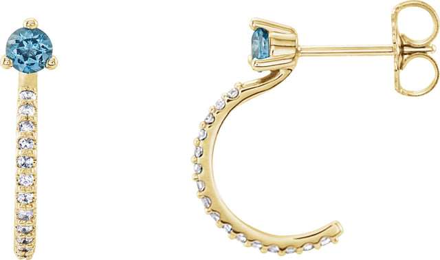 14K Gold Round Natural Aquamarine Accented J-Hoop Earrings - Yellow Gold