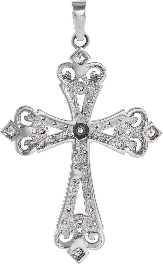 14K Gold Round Natural Diamond Fleur-de-lis Cross Pendant - White Gold - view 3