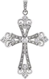 14K Gold Round Natural Diamond Fleur-de-lis Cross Pendant - White Gold