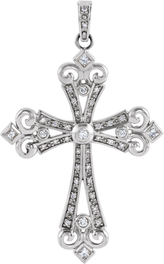 14K Gold Round Natural Diamond Fleur-de-lis Cross Pendant - White Gold
