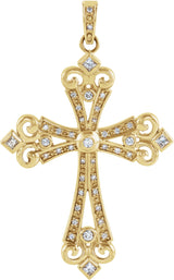 14K Gold Round Natural Diamond Fleur-de-lis Cross Pendant - Yellow Gold