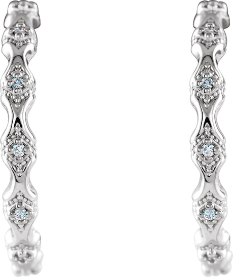 Platinum Round Natural Diamond Accented Hoop Earrings – 0.9mm Stones - view 2