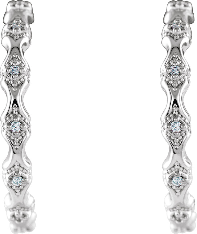 Platinum Round Natural Diamond Accented Hoop Earrings – 0.9mm Stones - view 2