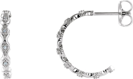 14K Gold Round Natural Diamond Accented Hoop Earrings – 0.9mm Stones - White Gold