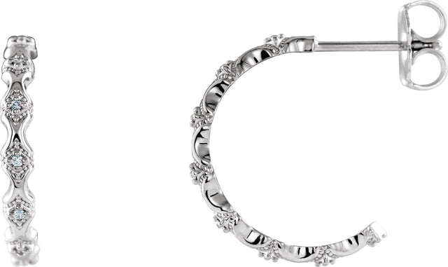 14K Gold Round Natural Diamond Accented Hoop Earrings – 0.9mm Stones - White Gold