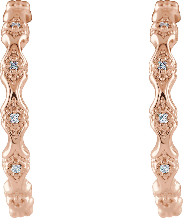 14K Gold Round Natural Diamond Accented Hoop Earrings – 0.9mm Stones - Rose Gold - view 2