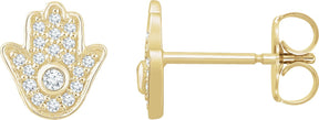14K Gold Round Natural Diamond Accented Hamsa Earrings