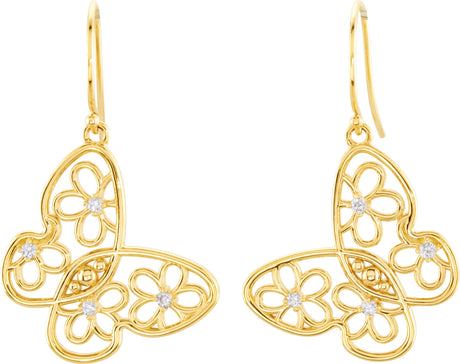 14K Gold Round Natural Diamond Floral Butterfly Earrings - view 2