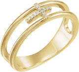 14K Gold Round Natural Diamond Negative Space Cross Ring - Yellow Gold