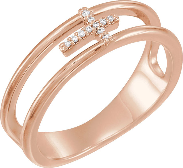 14K Gold Round Natural Diamond Negative Space Cross Ring - Rose Gold