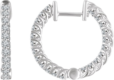 14K Gold Round Natural Diamond Inside-Outside Hoop Earrings II - White Gold