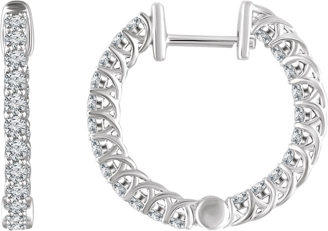 14K Gold Round Natural Diamond Inside-Outside Hoop Earrings II - White Gold