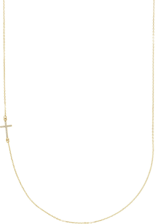 14K Gold Round Natural Diamond Accented Sideways Cross Necklace - Yellow Gold