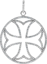 14K Gold Round Natural Diamond Maltese Cross Pendant - White Gold