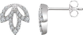 14K Gold Round Natural Diamond Accented Leaf Earrings