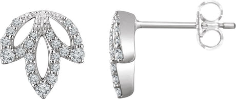 14K Gold Round Natural Diamond Accented Leaf Earrings