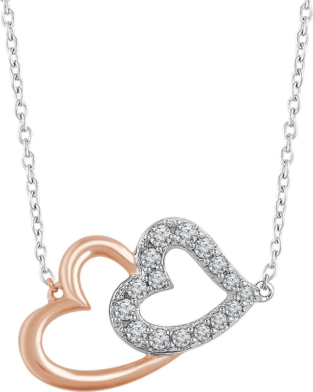 14K Gold Round Natural Diamond Double Heart Necklace