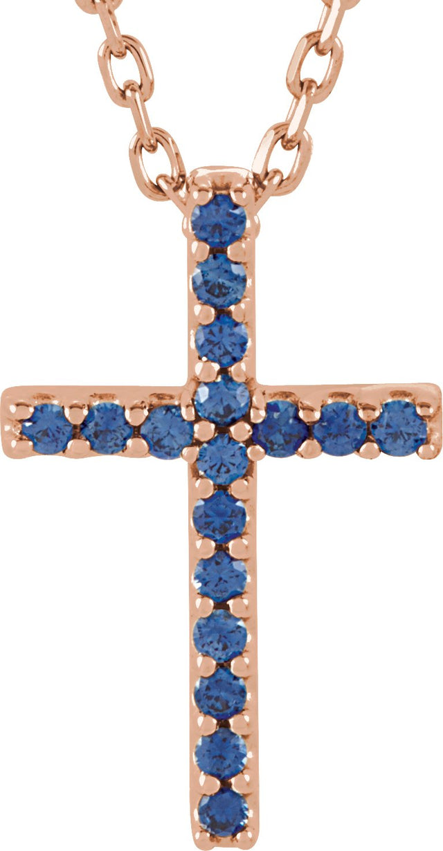 14K Gold Round Natural Blue Sapphire Petite Cross Necklace or Pendant - Rose Gold