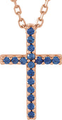 14K Gold Round Natural Blue Sapphire Petite Cross Necklace or Pendant - Rose Gold