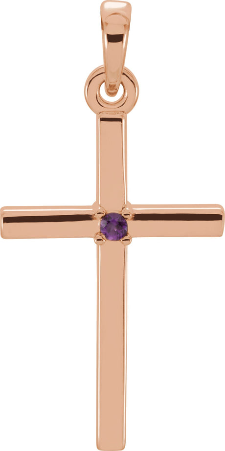 14K Gold Round Natural Amethyst Birthstone Cross Pendant - Rose Gold