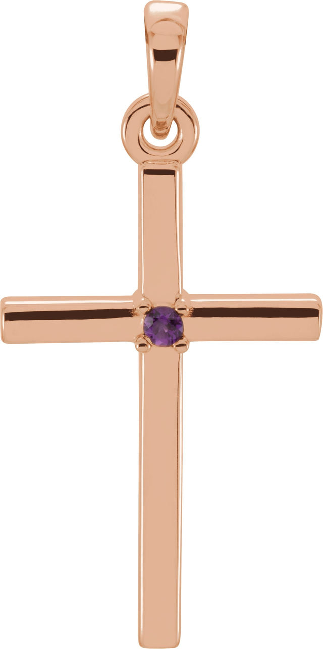14K Gold Round Natural Amethyst Birthstone Cross Pendant - Rose Gold