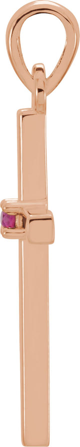 14K Gold Round Natural Ruby Birthstone Cross Pendant - Rose Gold - view 2