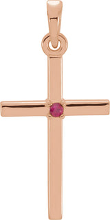 14K Gold Round Natural Ruby Birthstone Cross Pendant - Rose Gold