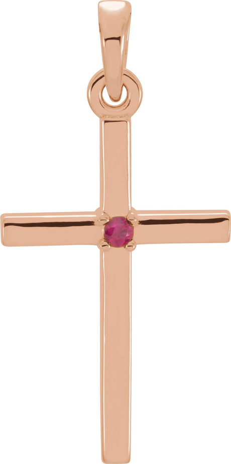 14K Gold Round Natural Ruby Birthstone Cross Pendant - Rose Gold