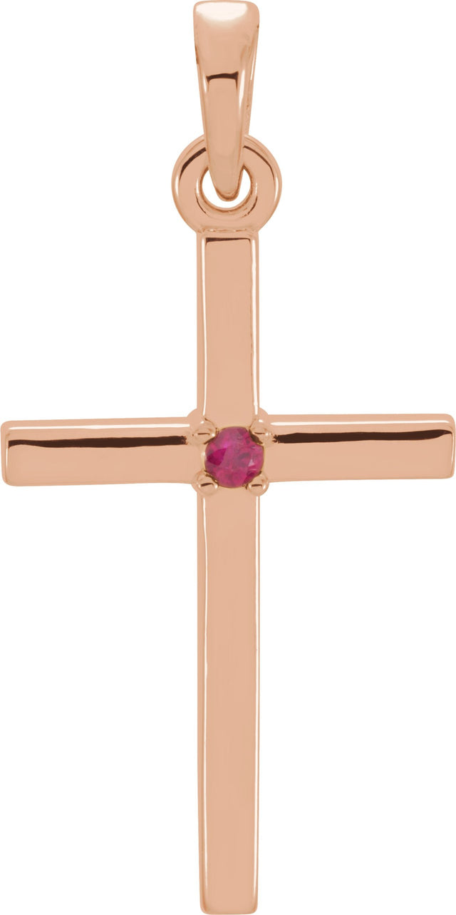 14K Gold Round Natural Ruby Birthstone Cross Pendant - Rose Gold
