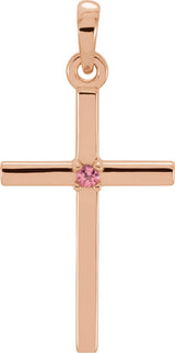 14K Gold Round Natural Pink Tourmaline Birthstone Cross Pendant - Rose Gold